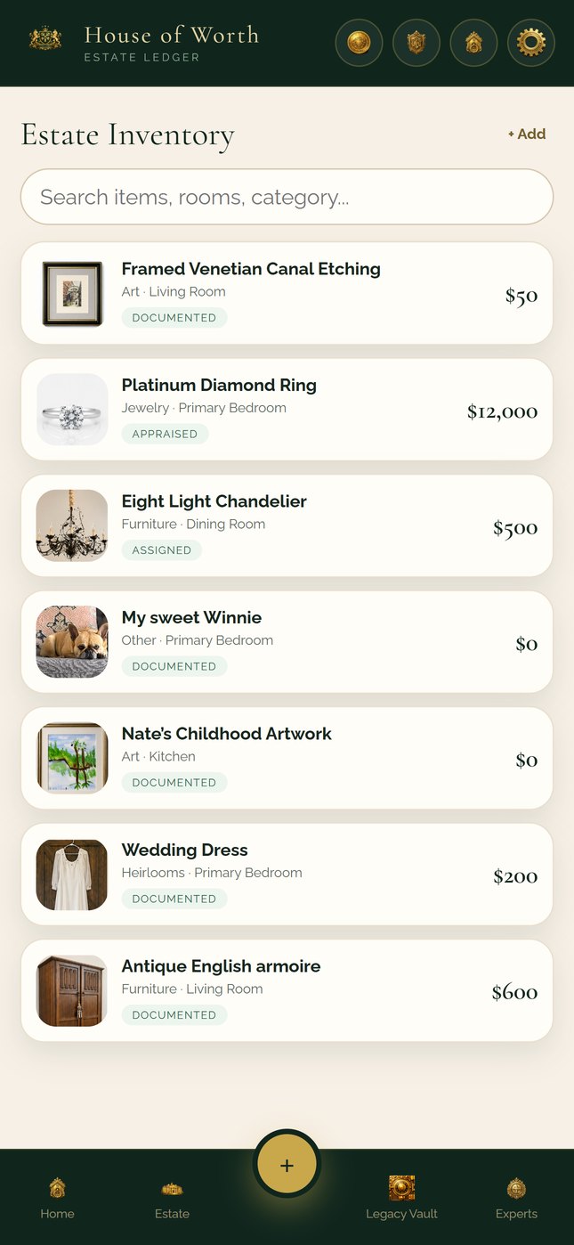 The estate inventory list showing catalogued items with their category, room, status, and value.