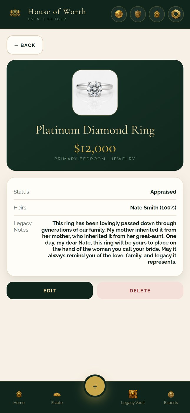 An item record for a platinum diamond ring showing its appraised value, its assigned heir, and the legacy note explaining its history.