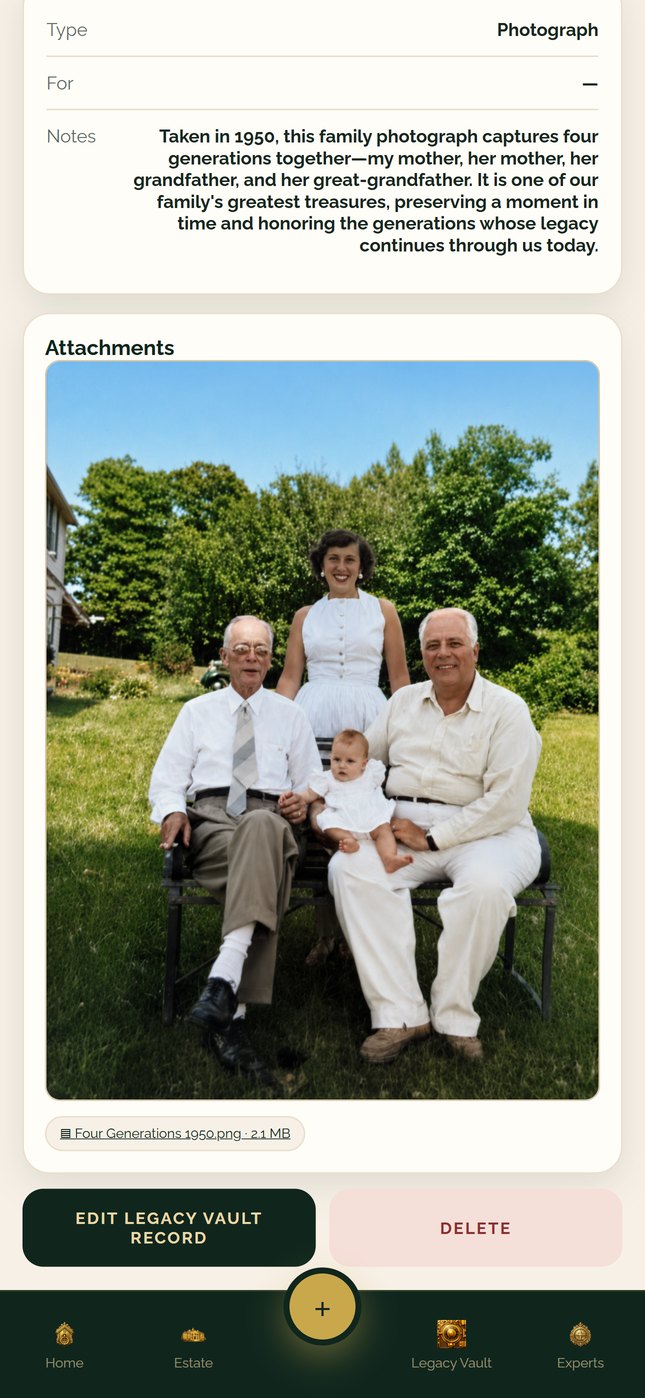 A Legacy Vault record holding a 1950 family photograph of four generations, with a written note explaining who is in it.