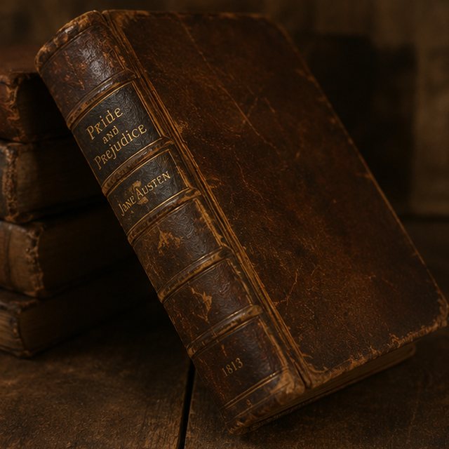 A worn leather-bound first edition book