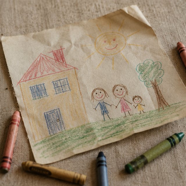 A child's crayon drawing of a family and house